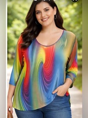 Valentina Multicolor Swirl V-Neck Blouse with Rhinestone Trim